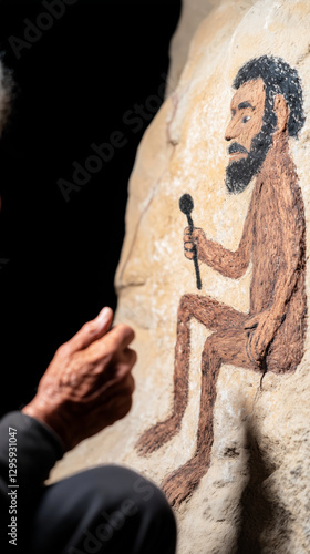 A close-up of a hand painting a cave wall featuring a prehistoric figure holding a microphone, resembling an ancient stand-up comedy scene, blending humor with history. photo