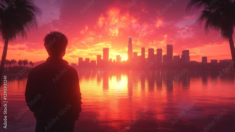 Fototapeta premium Silhouette Man Sunset Cityscape Reflection