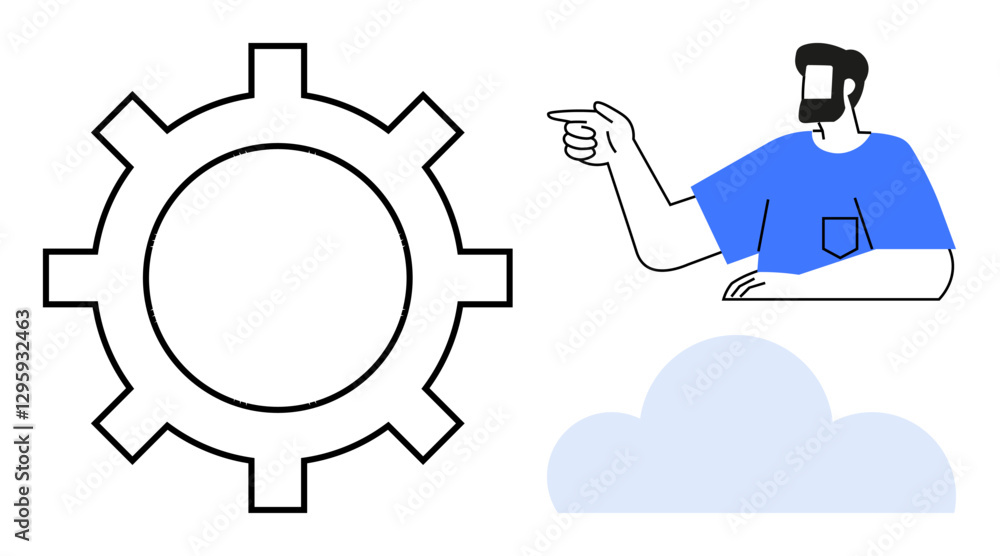 Man pointing at large gear, cloud shape. Ideal for workflow processes, technical support, online tutorials, engineering, collaboration, cloud computing innovation. Clean abstract line flat metaphor Man pointing at large gear, cloud shape. Ideal for workflow processes, technical support, online tutorials, engineering, collaboration, cloud computing innovation. Clean abstract line flat metaphor