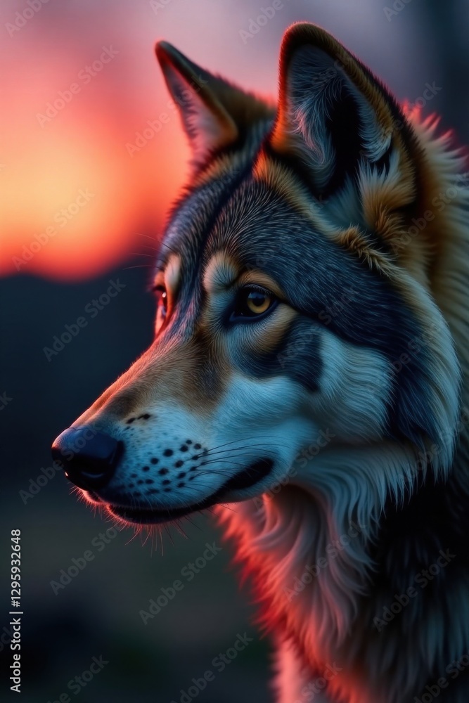 Naklejka premium Close-up of a wolf's face at dusk, predator, wildlife, forest