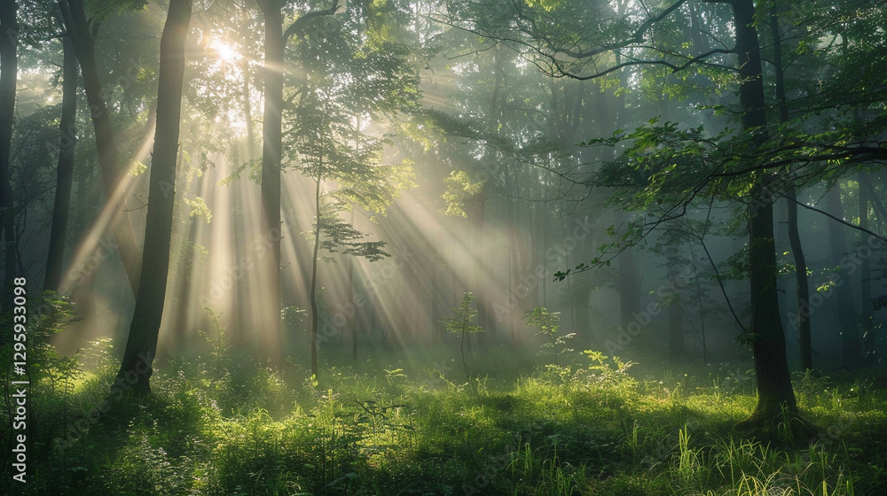 Obraz premium Forest The With Filtering Misty Through Sunlight Tre Soft