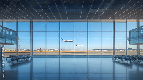 A panoramic view of an airport terminal, with large windows overlooking the runway and airplanes visible outside
