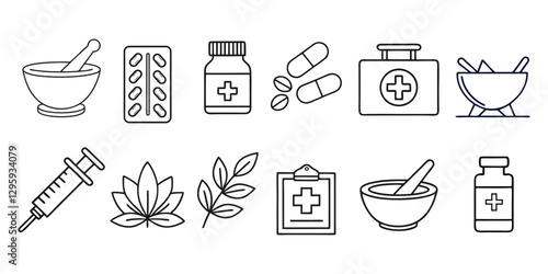 Line icons about pharmacy and medication. Contains such icons as treatments, naturophaty, dose and more. Editable vector stroke