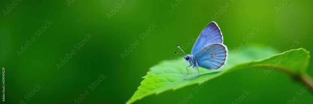 Close-up of small blue butterfly resting on a delicate green leaf, branch, insect life, flower Close-up of small blue butterfly resting on a delicate green leaf, branch, insect life, flower