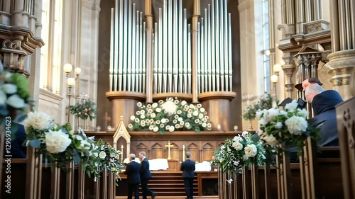 Close-up of a church organ being played during a service