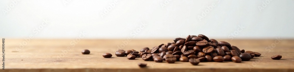 Naklejka premium Coffee beans scattered on wooden table against white wall, small, beans, brown