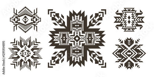 Set Ethnic decorative elements isolated on white background. Tribal symbols. Aztec geometric ornament.