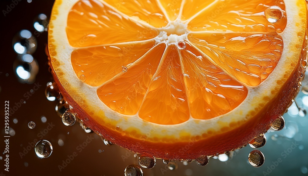 A close-up of a bright, juicy orange slice with droplets of water on the surface, showcasing its vibrant color and fresh texture. A close-up of a bright, juicy orange slice with droplets of water on the surface, showcasing its vibrant color and fresh texture.