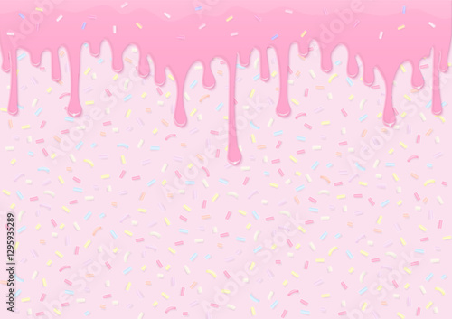 Pink icing with pastel sugar sprinkles background