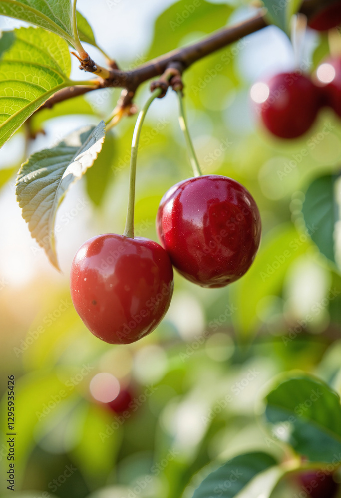 Obraz premium Ripe red cherries hanging on tree branches, nature's sweetness