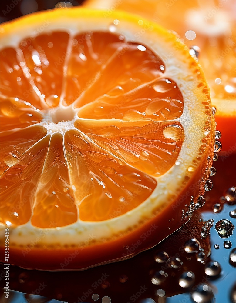 A close-up of a bright, juicy orange slice with droplets of water on the surface, showcasing its vibrant color and fresh texture. A close-up of a bright, juicy orange slice with droplets of water on the surface, showcasing its vibrant color and fresh texture.
