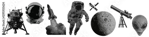 Set of outer space halftone grunge vector design elements
