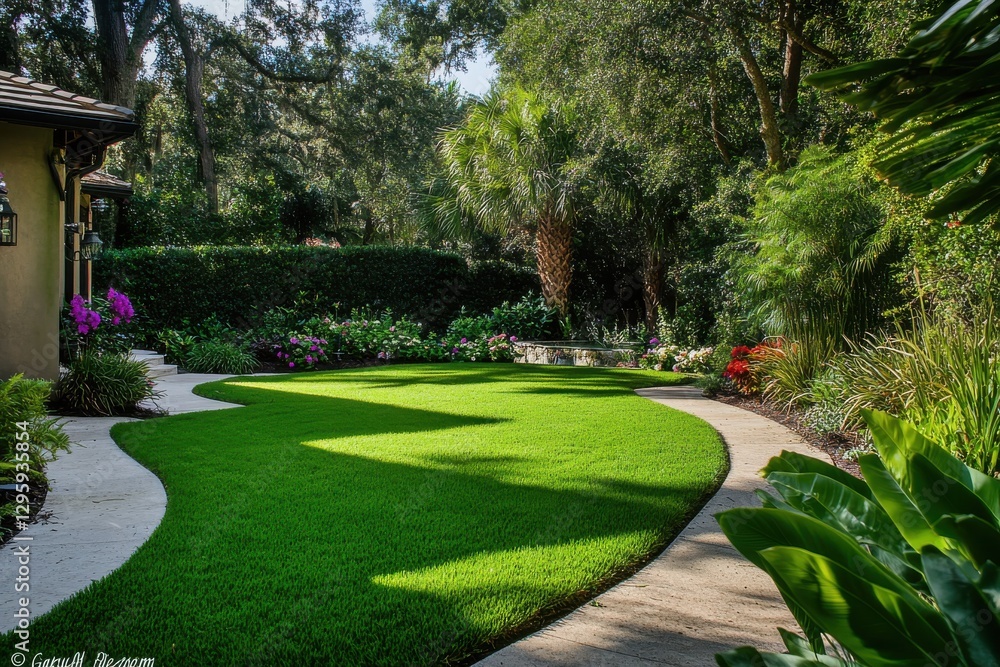 Lush garden landscape, vibrant green lawn, dappled sunlight, colorful flower beds, ornamental plants, shade-loving foliage, natural stone accents Lush garden landscape, vibrant green lawn, dappled sunlight, colorful flower beds, ornamental plants, shade-loving foliage, natural stone accents