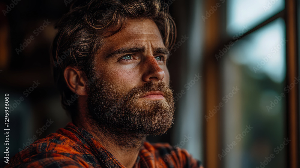 Contemplation Portrait: A man in plaid stares out of a window, lost in thought Contemplation Portrait: A man in plaid stares out of a window, lost in thought