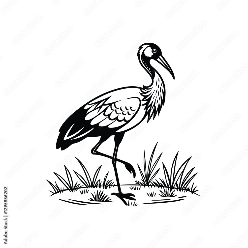 Obraz premium Black and White Heron Bird Silhouette with Grass – Vector Illustration