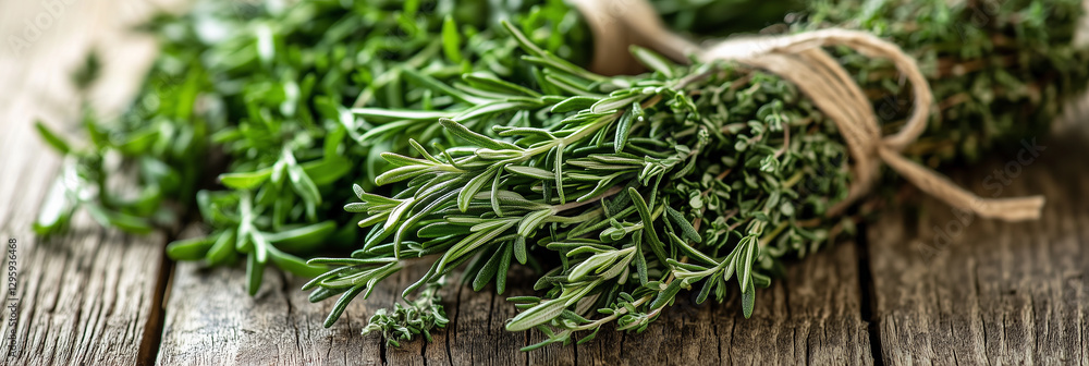 Close-Up of Fresh Rosemary and Thyme Bundles on Rustic Wooden Table Close-Up of Fresh Rosemary and Thyme Bundles on Rustic Wooden Table