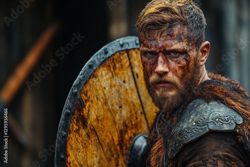 Wallpaper Mural Viking warrior in battle attire stands ready with shield, displaying intense determination and strength Torontodigital.ca