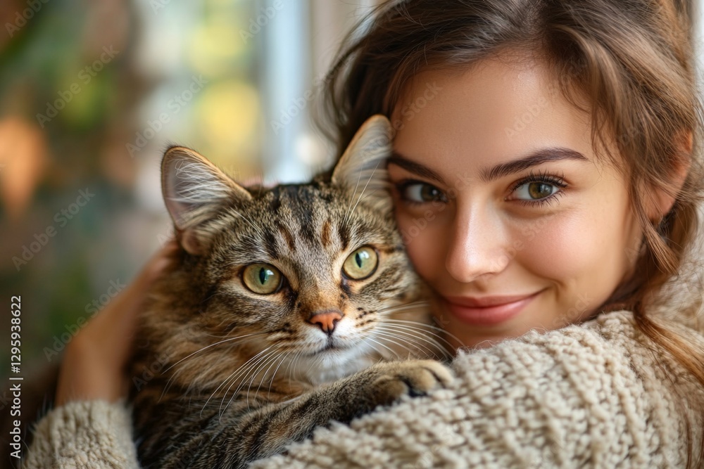 Woman smiling while holding a fluffy tabby cat in a sunny indoor setting Woman smiling while holding a fluffy tabby cat in a sunny indoor setting