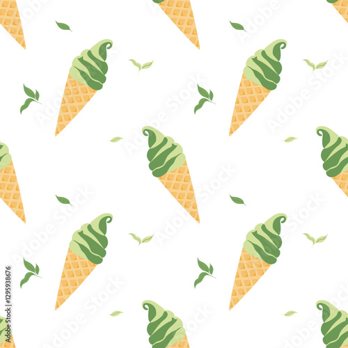 A seamless pattern featuring delicious matcha ice cream cones. Ideal for summer-themed designs and food-related content.