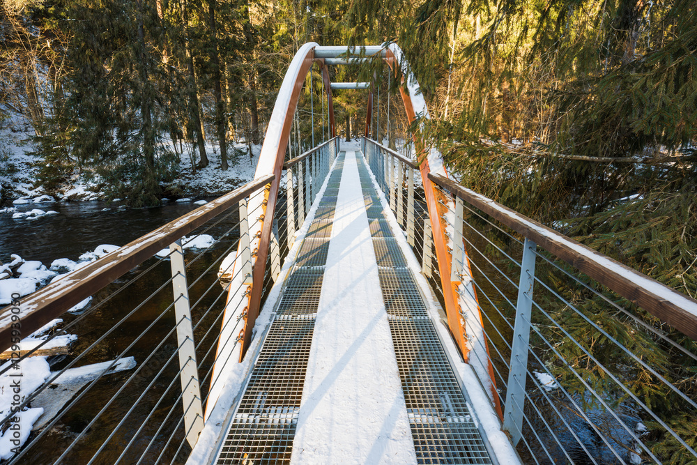 Obraz premium Snow-covered suspension bridge with metal railings crossing the Ahja River in the picturesque winter forest of Taevaskoja, Estonia, on a clear sunny day.
