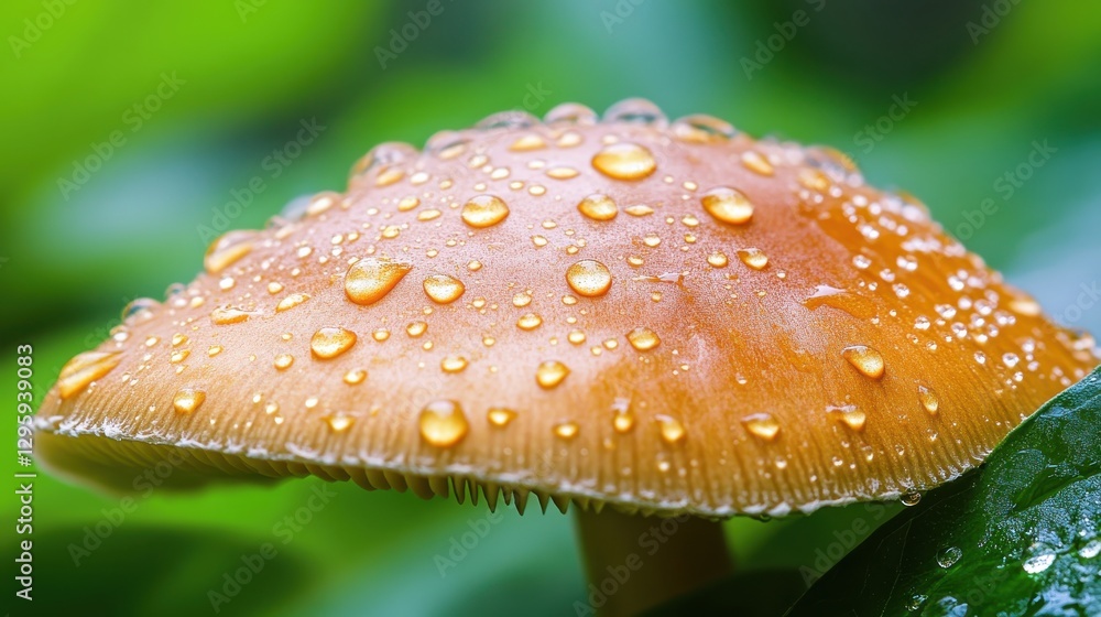 Obraz premium Close-Up of a Fresh Mushroom Cap with Dew Drops on Green Leaves in a Forest Setting