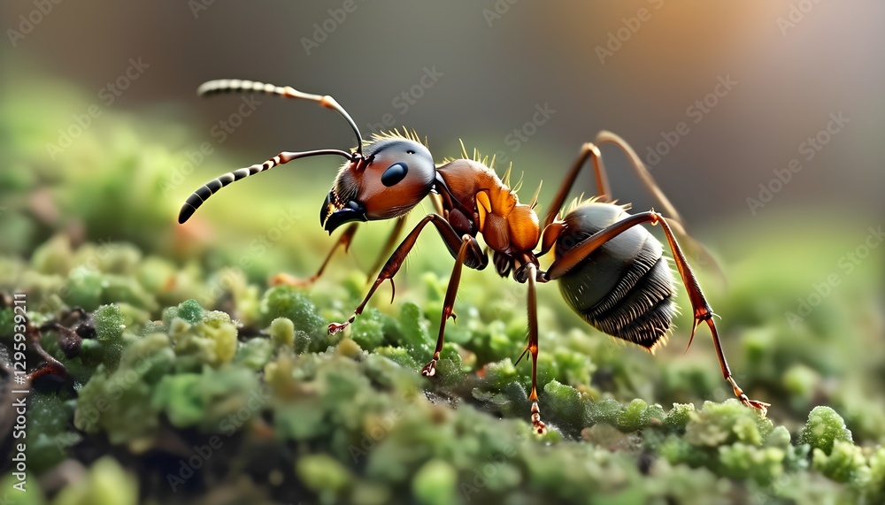 Ants foraging on a moss-covered surface in a forest macro photography nature close-up wildlife observation Ants foraging on a moss-covered surface in a forest macro photography nature close-up wildlife observation