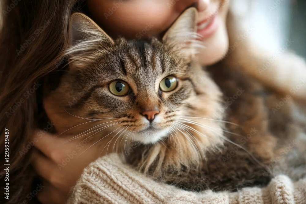 Close bond between person and fluffy cat in cozy indoor setting during a warm afternoon Close bond between person and fluffy cat in cozy indoor setting during a warm afternoon