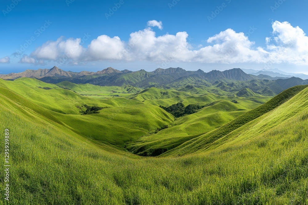 Fototapeta premium Panoramic landscape, rolling green hills, misty mountains, vibrant meadow, lush countryside, blue sky, fluffy white clouds