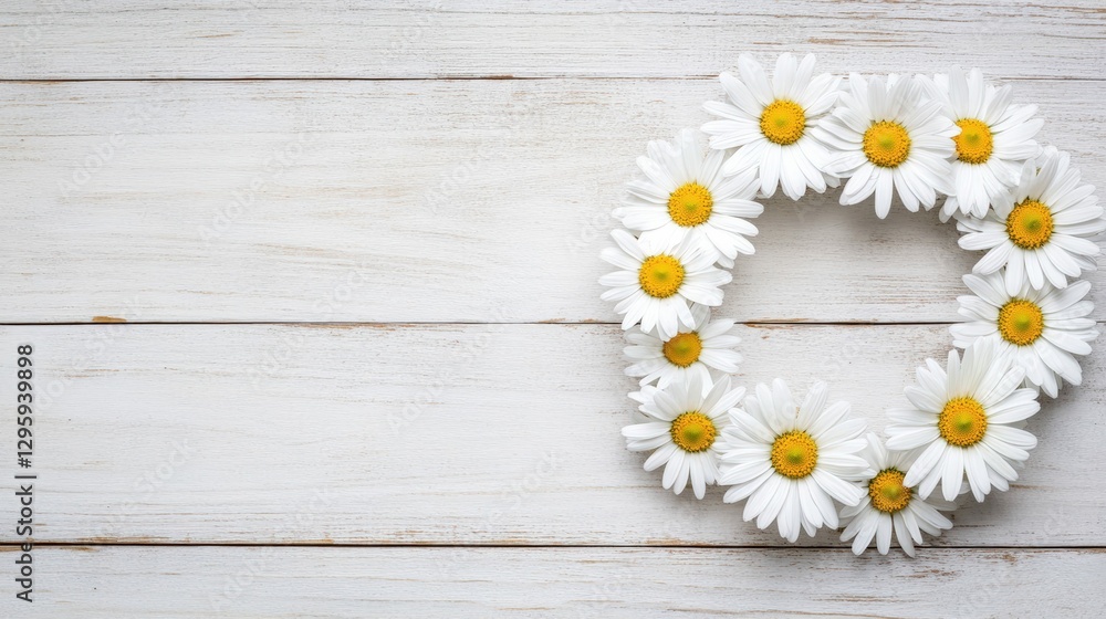 Obraz premium Daisy flower wreath on rustic wooden background for spring decor