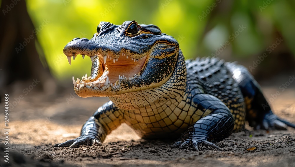 Fototapeta premium Close-Up of Fierce Alligator in Natural Habitat with Open Mouth and Sharp Teeth Displaying Power and Energy in Lush Green Background