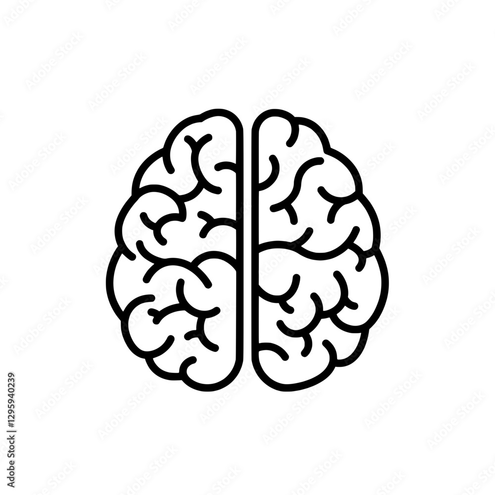 Brain Icon: A simple, graphic illustration of a human brain, divided into two hemispheres, suggesting intelligence, thought, and the power of the mind. Brain Icon: A simple, graphic illustration of a human brain, divided into two hemispheres, suggesting intelligence, thought, and the power of the mind.