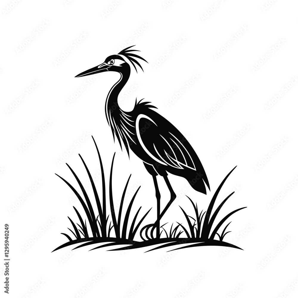 Fototapeta premium Black and White Heron Bird Silhouette with Grass – Vector Illustration