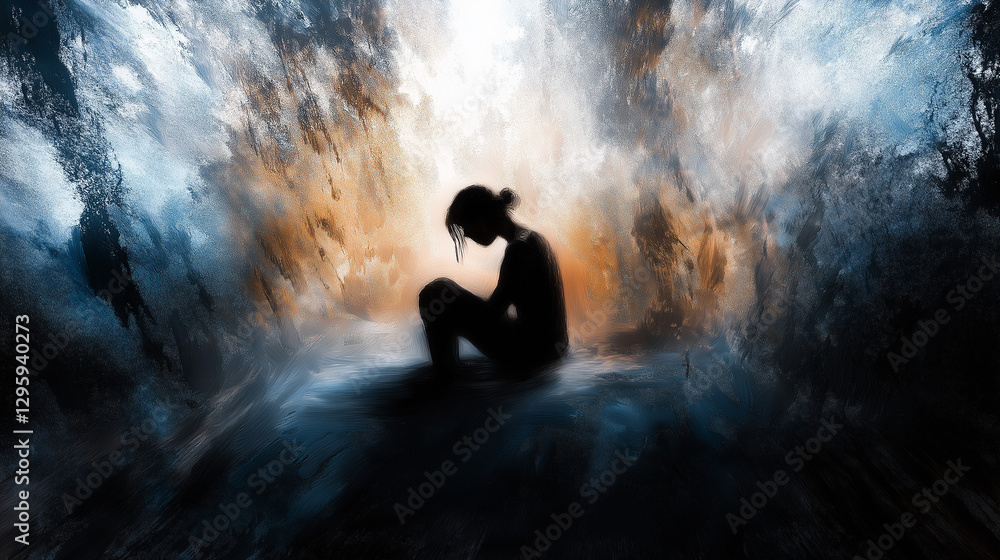 Artistic abstract illustration of silhouette of a sad woman sitting. Artistic abstract illustration of silhouette of a sad woman sitting.