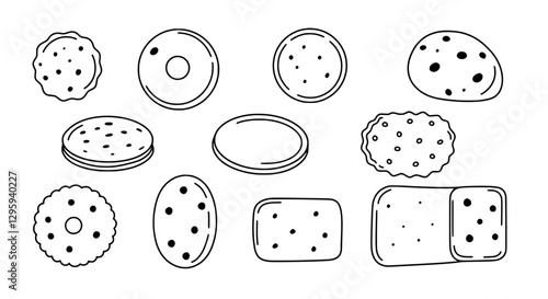 Diverse Biscuit Selection: A variety of biscuits artfully arranged in a line art style, presenting an assortment of shapes and textures.