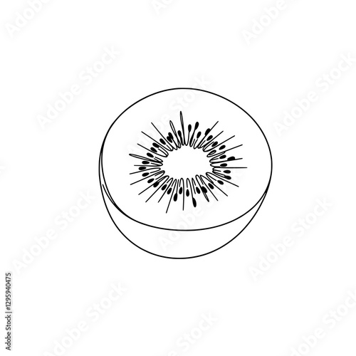 Kiwi Slice: A detailed line drawing captures a close-up view of a fresh kiwi slice, revealing its unique texture and radiating seeds.