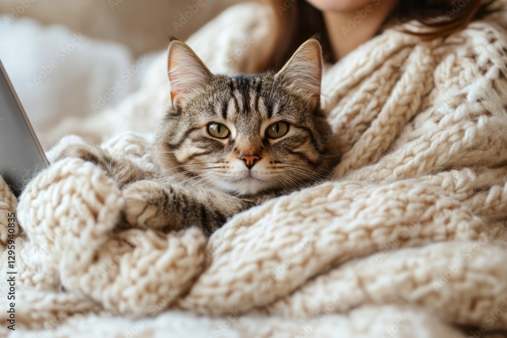 Fototapeta premium Cozy cat snuggles with owner while relaxing and using a tablet in a warm blanket