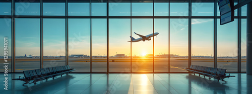 A panoramic view of an airport terminal, with large windows overlooking the runway and airplanes visible outside
