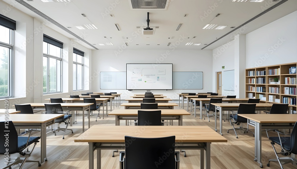 Modern Minimalist Classroom with Digital Whiteboard and Wooden Desks Modern Minimalist Classroom with Digital Whiteboard and Wooden Desks