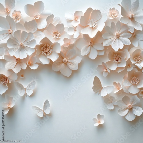 Delicate paper flowers in whites and blush pinks create a serene backdrop, ideal for spring weddings, baby showers, or elegant greeting card designs.