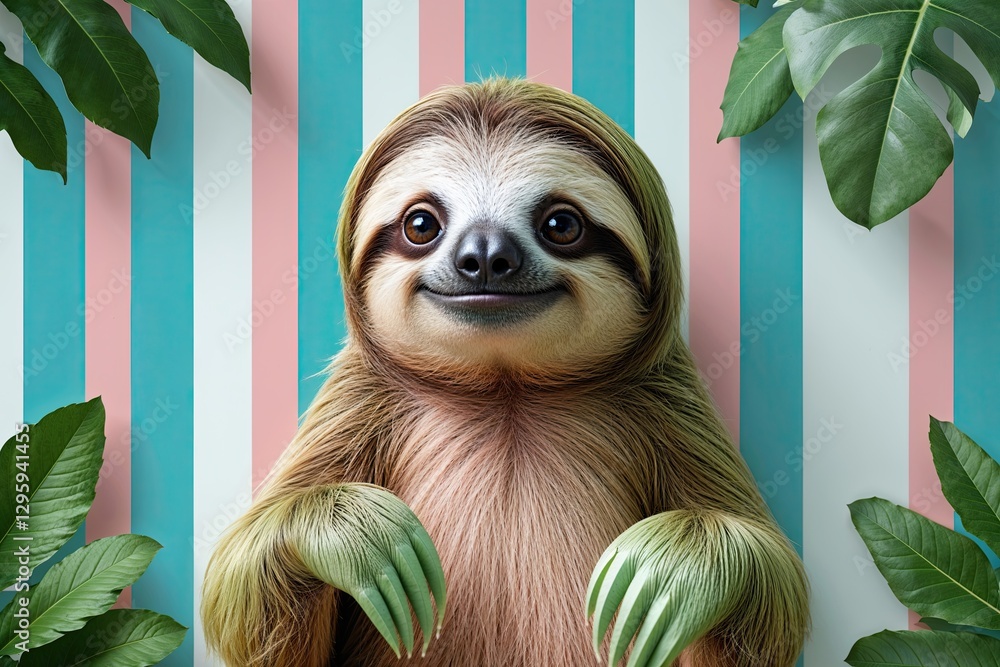Obraz premium Chic Pastel Sloth Wallpaper with Aqua Stripes and Jungle Vibe