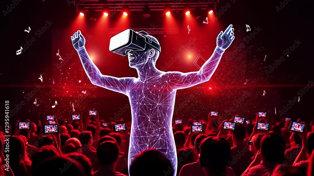 Enthusiastic audience enjoying a virtual reality concert experience with vibrant lights and music notes