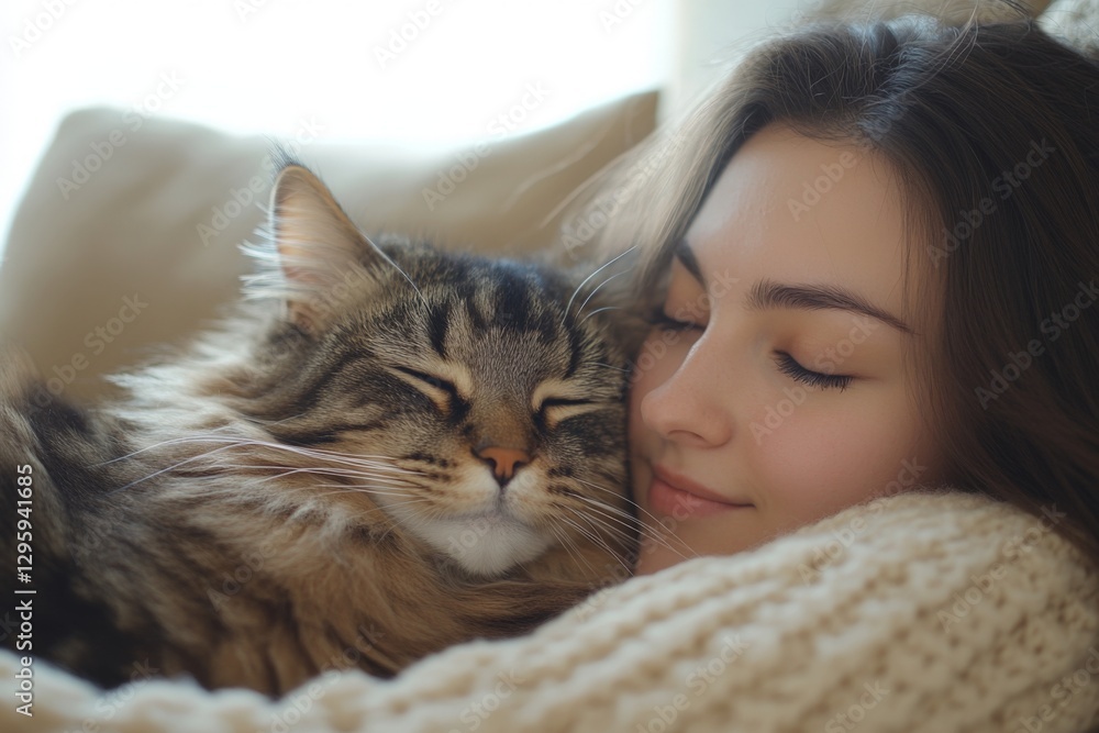 Cat cuddles create a cozy moment between a young woman and her fluffy feline companion in a sunlit living room Cat cuddles create a cozy moment between a young woman and her fluffy feline companion in a sunlit living room