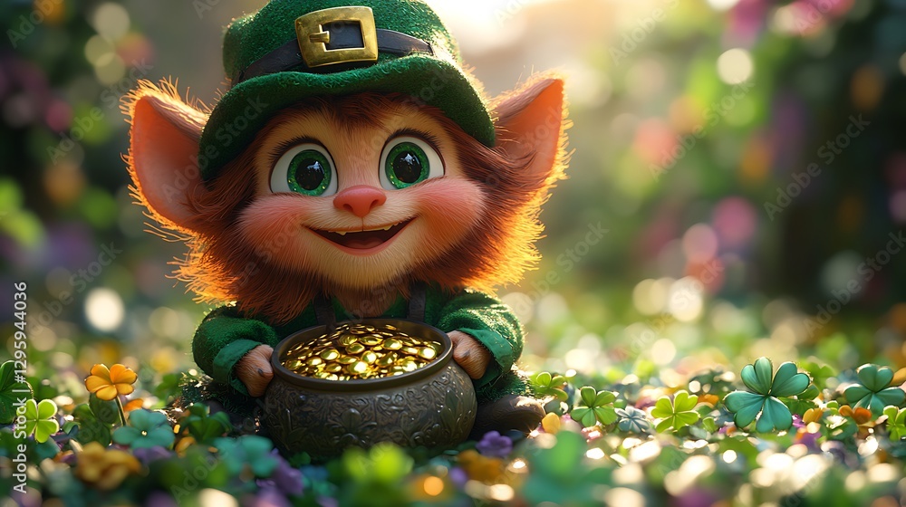 Small Leprechaun in Green Sitting Among Colorful Flowers Holding a Pot of Gold Coins Small Leprechaun in Green Sitting Among Colorful Flowers Holding a Pot of Gold Coins