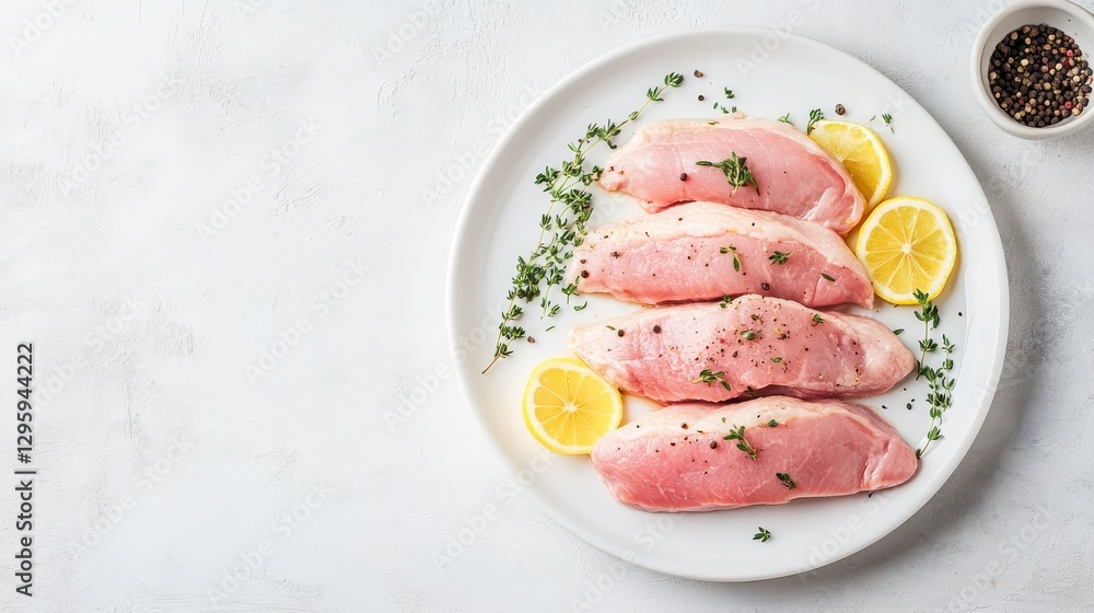 Fresh Chicken Breasts on a White Plate with Lemon Slices and Herbs Ready for Cooking in a Clean Kitchen Setting Fresh Chicken Breasts on a White Plate with Lemon Slices and Herbs Ready for Cooking in a Clean Kitchen Setting