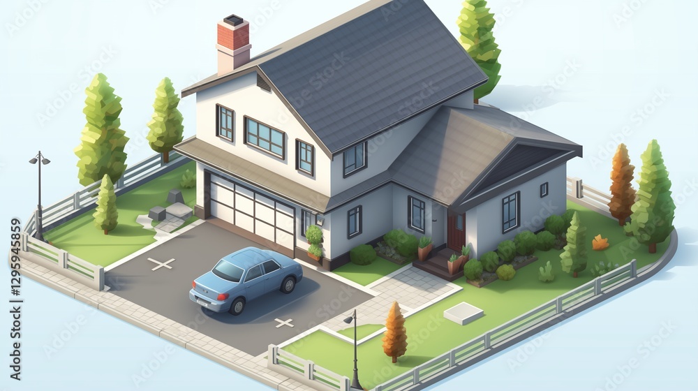 A stylish isometric vector of a single-family suburban house with a garage and front yard. A stylish isometric vector of a single-family suburban house with a garage and front yard.