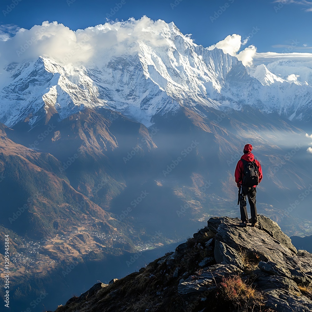 Fototapeta premium Travelers crossing frozen ridges of majestic snow capped mountains high resolution picture