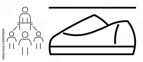 People organization hierarchy describing structured teamwork and management adjacent to a comfortable shoe icon. Ideal for business teamwork, leadership, fashion design, corporate training