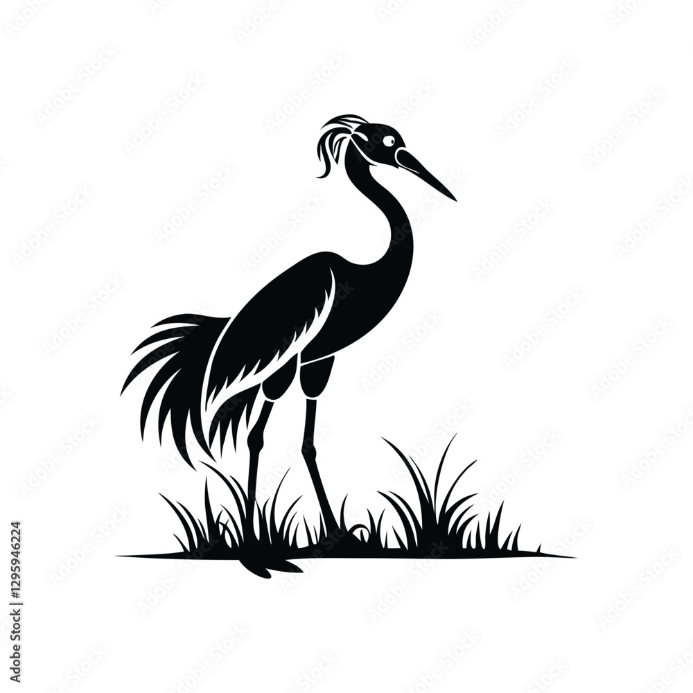 Fototapeta premium Black and White Heron Bird Silhouette with Grass – Vector Illustration