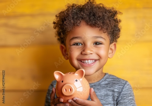 Happy Toddler Boy Holding Piggy Bank Against Yellow Wooden Background