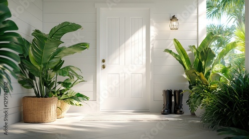 Wallpaper Mural A white front door surrounded by lush green house plants Torontodigital.ca